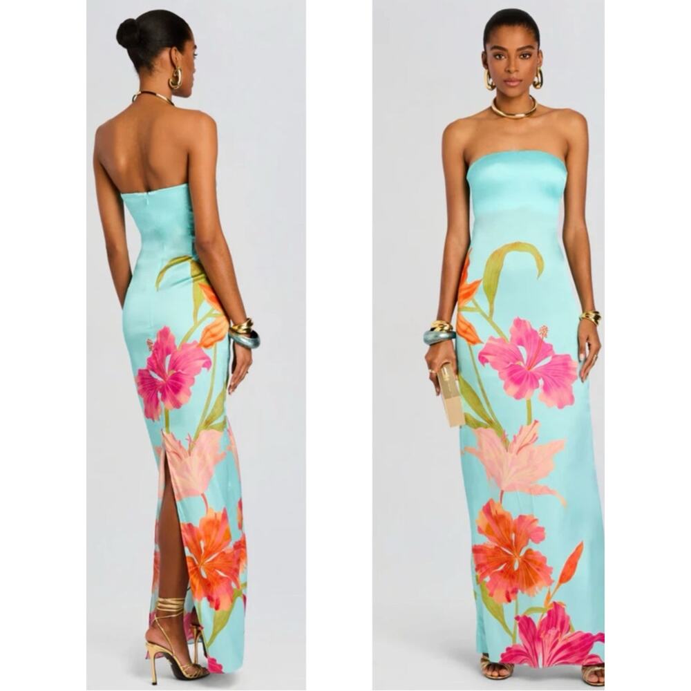 RETROFETE Vivi Strapless Floral Satin Blue Maxi Dress Size XS - Picture 3 of 10